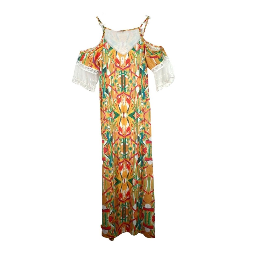 Sipola Woman Sz L Yellow Maxi Tropical Dress Open Shoulder Crochet Laced Sleeve